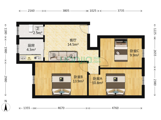 水源路小区 3室1厅1卫 76平方