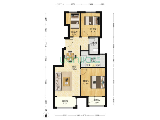 万科.朗润园 3室1厅1卫 91平方
