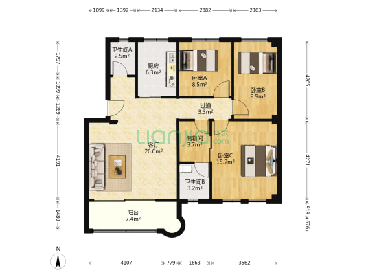 汇景邮电宿舍 3室1厅2卫 103平方