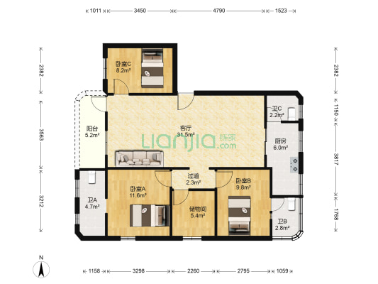 华富花园 3室1厅3卫 107平方