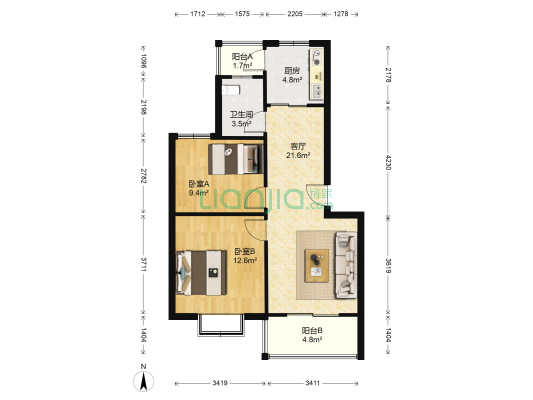 凤凰铭筑 2室1厅1卫 72平方