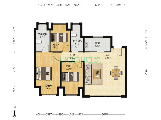 东望璟园 3室1厅2卫 109平方