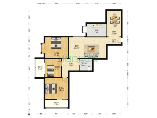 东新商住 3室2厅1卫 125平方