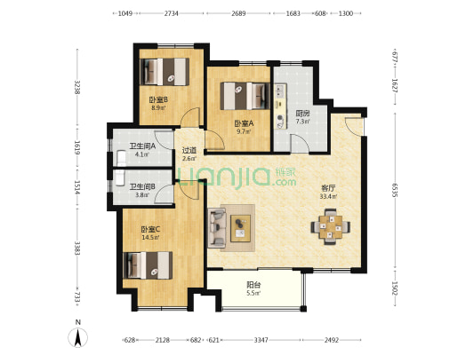 天府万科城岚山 3室1厅2卫 103平方