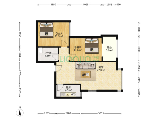 府东美奥花苑 2室1厅1卫 88平方