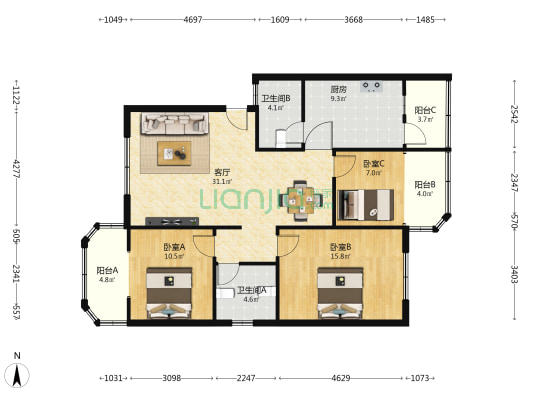 桂花园 3室1厅2卫 108平方