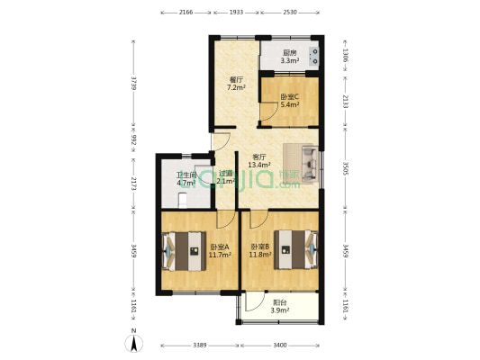 矿产小区 3室2厅1卫 88平方