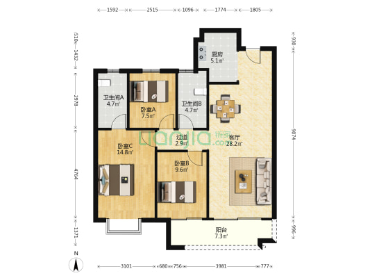 弘阳昕悦府 3室1厅2卫 112平方