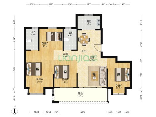 新兴岚湾三期东区 4室1厅2卫 131平方