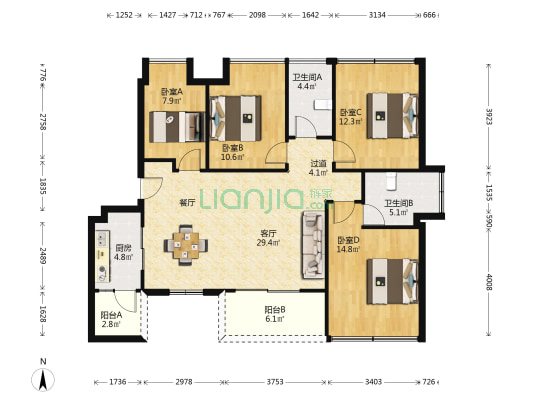 瑞华天地 4室1厅2卫 118平方