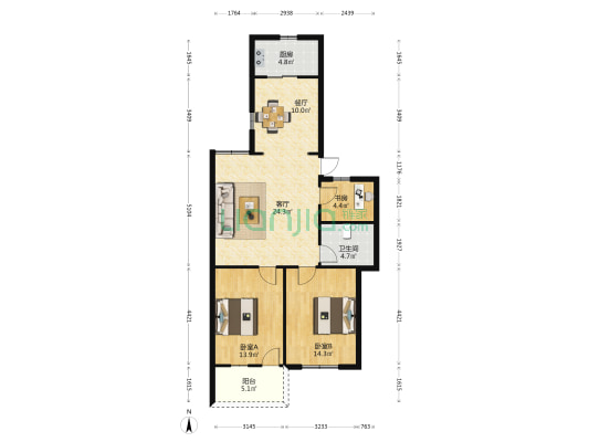 吉祥花园 3室2厅1卫 105平方