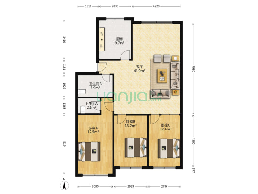 海棠苑 3室1厅2卫 125平方