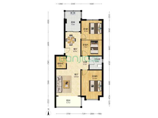 费家营环卫局家属院 3室2厅1卫 98平方
