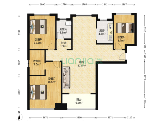 广电兰亭荣荟 3室1厅1卫 125平方