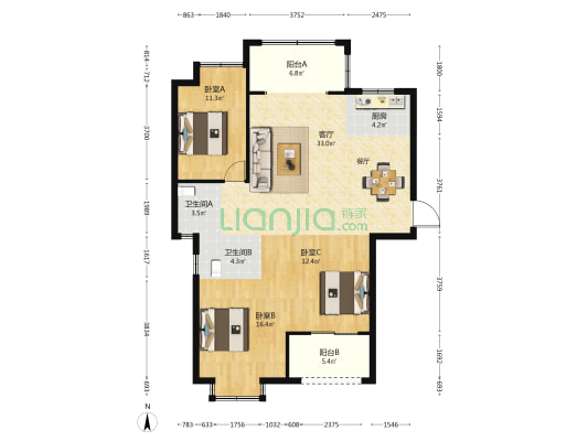 东方嘉苑 3室1厅2卫 126平方
