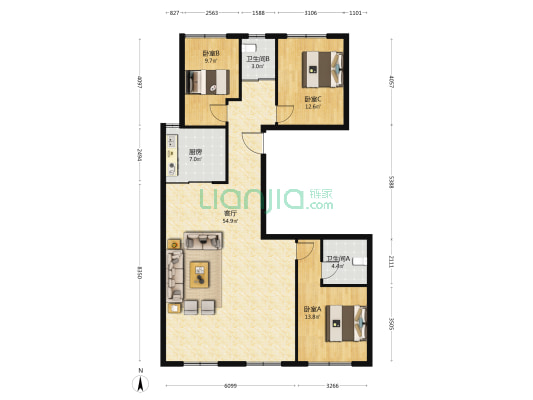 塘溪津门临海府 3室1厅2卫 148平方