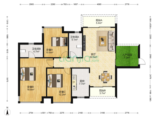 中天月华轩 3室1厅2卫 129平方