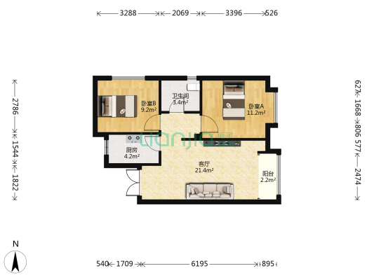 证大阅公馆 2室1厅1卫 75平方