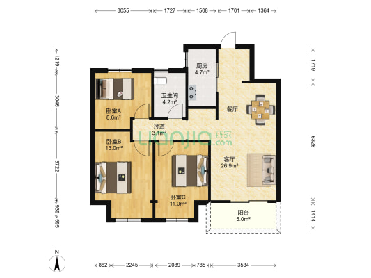 美的城三区 3室1厅1卫 99平方