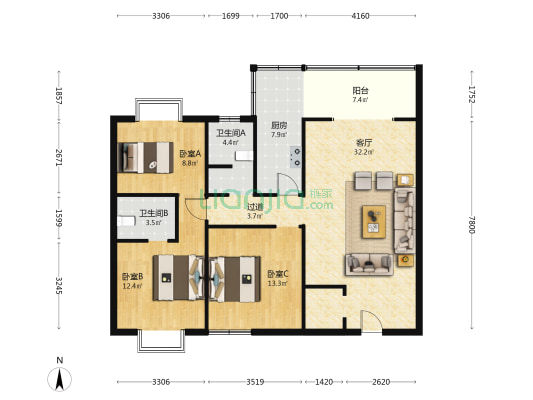 东城100 3室1厅2卫 122平方