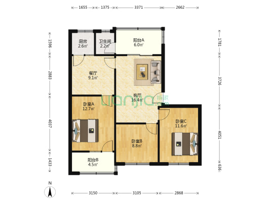 迎晖路183号 3室2厅1卫 87平方