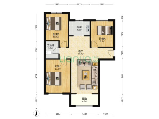 K2狮子城北区 3室2厅 南 北-户型图