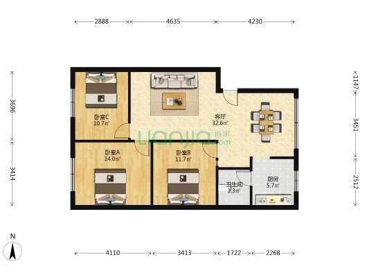 滨江路正规大三室  装修新色  满两年 拎包入住-户型图