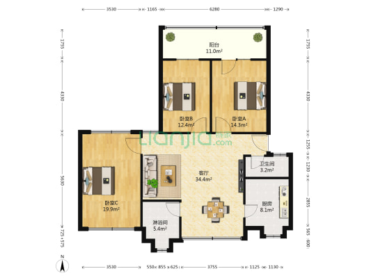 建行家属院 3室1厅2卫 124平方