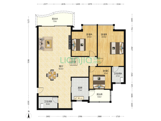 虹都景苑 3室1厅2卫 140平方