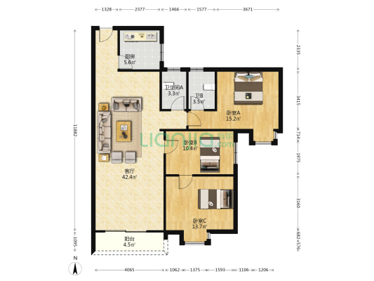 翰林轩 3室1厅2卫 125平方