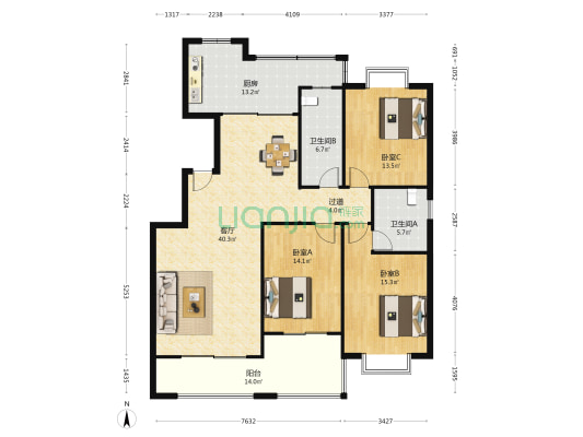 金东广场C区 3室1厅2卫 150平方
