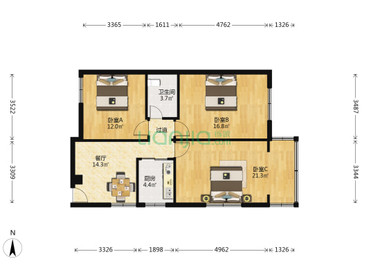 磨沟沿小区 3室1厅1卫 89平方
