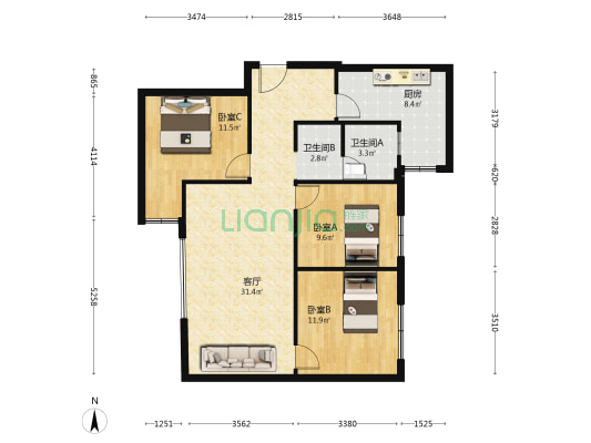 网贸港 3室1厅2卫 104平方