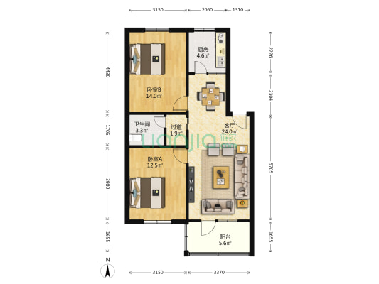 天鹅湖小区东区 2室1厅1卫 67平方