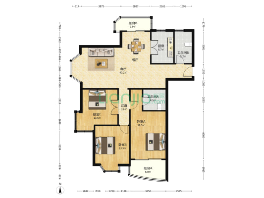 中虹花园丽都苑 3室1厅2卫 142平方