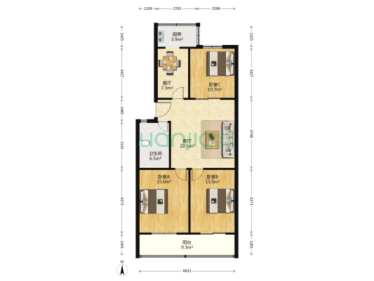 世纪锦绣西区 3室2厅1卫 105平方
