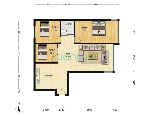 美嘉城 3室1厅1卫 104平方