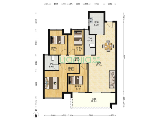 金侨风华府 4室1厅2卫 121平方