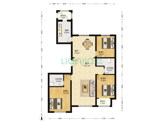 丽景长安二期 3室2厅2卫 137平方
