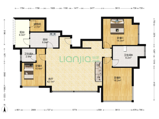 蓝花楹 3室1厅2卫 125平方