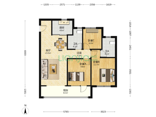 万科城望云起 3室1厅2卫 107平方