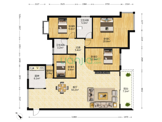 洛杉矶城 4室1厅2卫 164平方