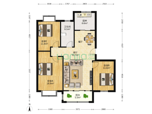 金地家园 3室1厅1卫 110平方