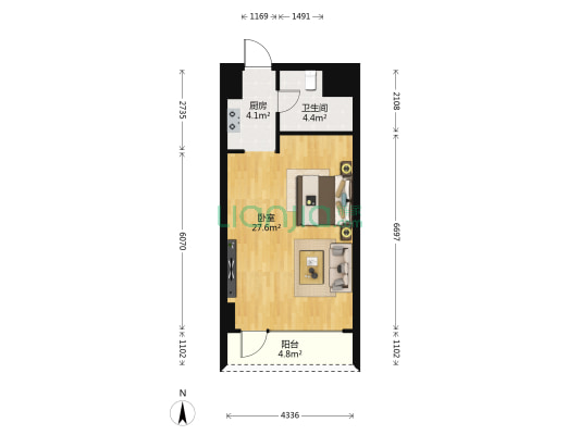 鑫广环球中心 1室0厅1卫 60平方