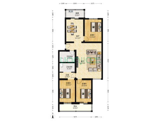 秋实家园 3室2厅2卫 127平方