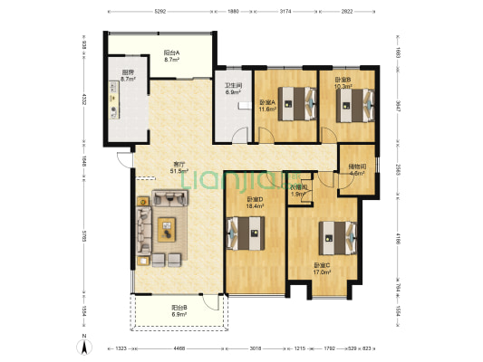 祥生福田花园西区 4室1厅1卫 155平方