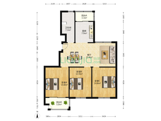 珑秀花园 3室1厅1卫 115平方
