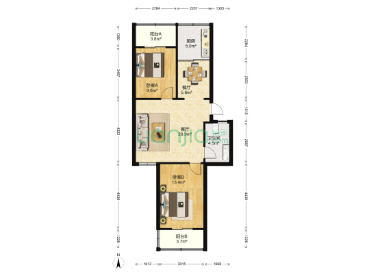 陕西省国土资源厅家属院 2室2厅1卫 80平方