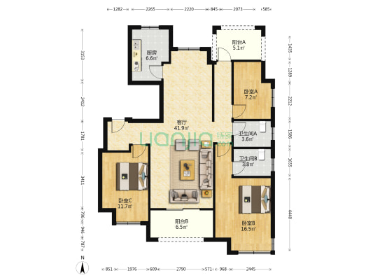 中海·寰湖时代 3室1厅2卫 119平方