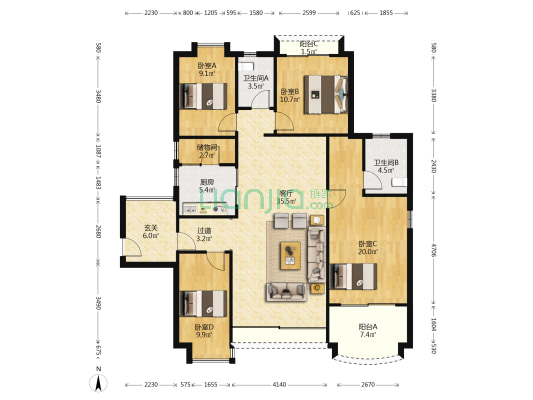 奥园华庭 4室1厅2卫 141平方